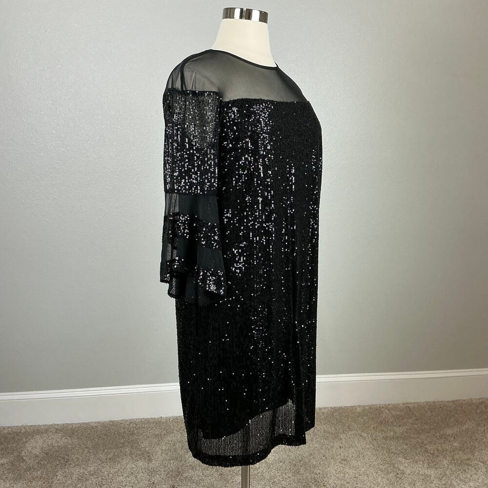 R&M Richards Black Cocktail Dress Sequined Long Sleeve Midi Shift Size 16W - Picture 3 of 13